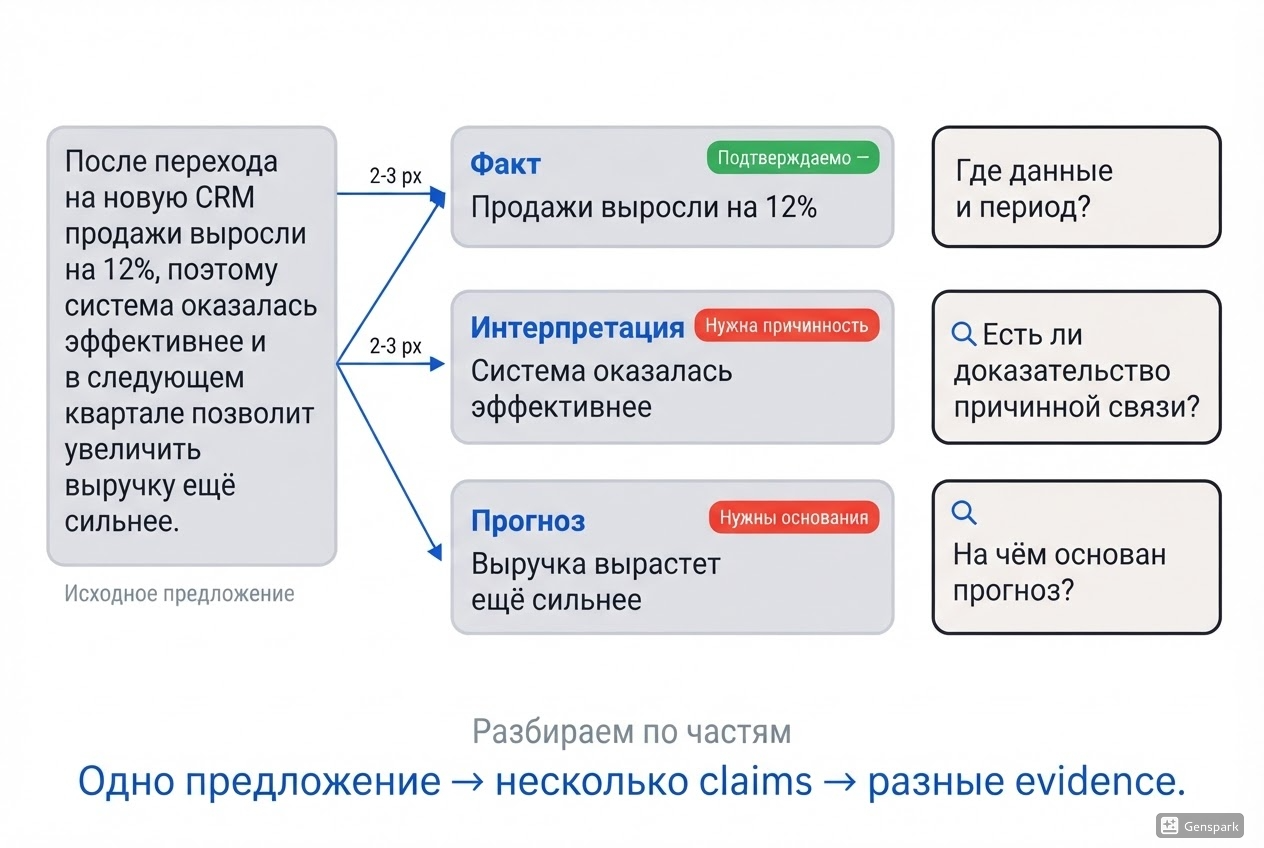Разбор сложного утверждения на факт, интерпретацию и прогноз