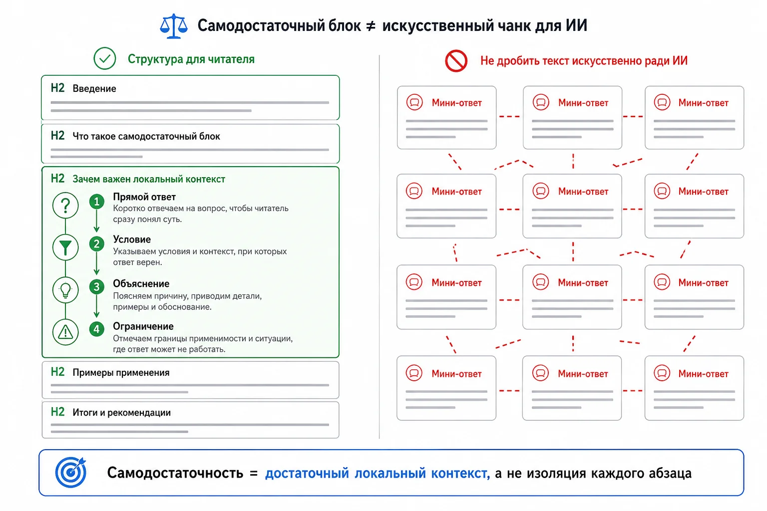 Самодостаточный блок и искусственное дробление текста